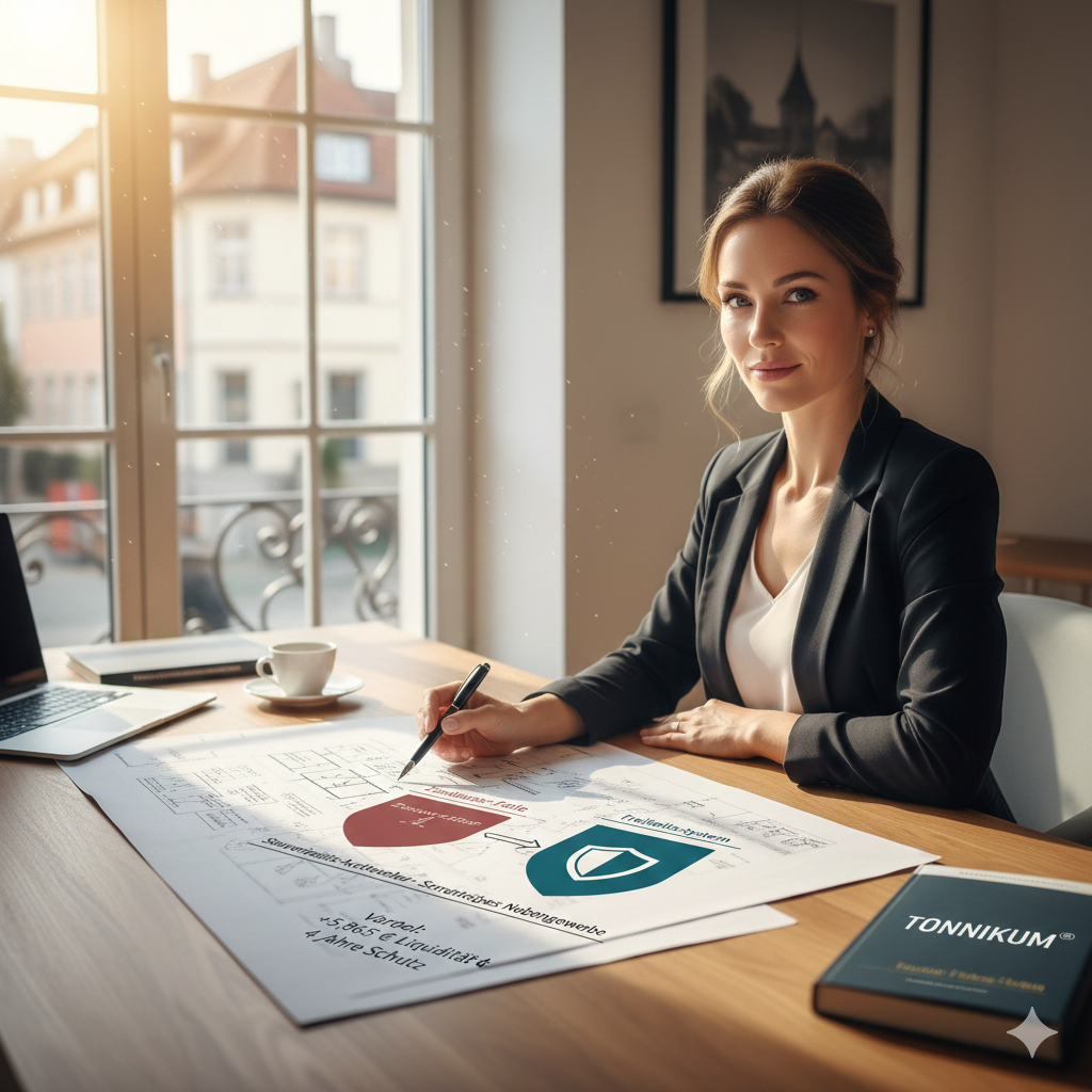 Eine souveräne Gründerin (Melina) plant ihre Unternehmens-Architektur am Schreibtisch mit dem TONNIKUM® Fokus auf 5.865 Euro Liquiditätsvorteil und Sicherheit.