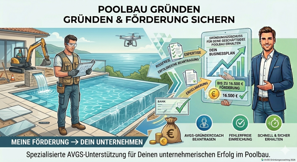 Infografik für die Gründung eines Poolbau-Unternehmens mit Gründungszuschuss. Ein Fachmann plant einen Infinity-Pool auf einer Baustelle, während ein AVGS-Gründercoach über das TONNIKUM® System den Weg zur Förderung von bis zu 16.500 € visualisiert.