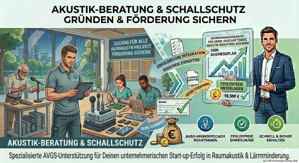 Infografik zur Existenzgründung in der Akustik-Beratung. Links wird ein modernes Messlabor visualisiert, in dem Experten Raumakustik-Analysen und Schallschutz-Prüfungen mit Mikrofonen und Akustikpaneelen durchführen. Rechts zeigt ein AVGS-Gründercoach über das TONNIKUM® System den Weg zur Förderung von bis zu 16.500 €