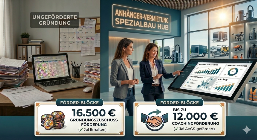 Visueller Vergleich für eine Gründung in der Anhänger-Vermietung (Spezialbau): Links eine ungeförderte, administrative Überlastung mit Papierbergen und unübersichtlichen Listen (Ist-Zustand). Rechts der rissfreie Transfer in einen modernen Anhänger-Vermietung Business Hub mit digitalem Dashboard zur Überwachung der Auslastungs-Statistik, Wartungs-Intervalle und Umsätze (Soll-Zustand). Enthalten sind die monetären Hebel: 16.500 € Gründungszuschuss-Förderung und bis zu 12.000 € Coachingförderung via AVGS.