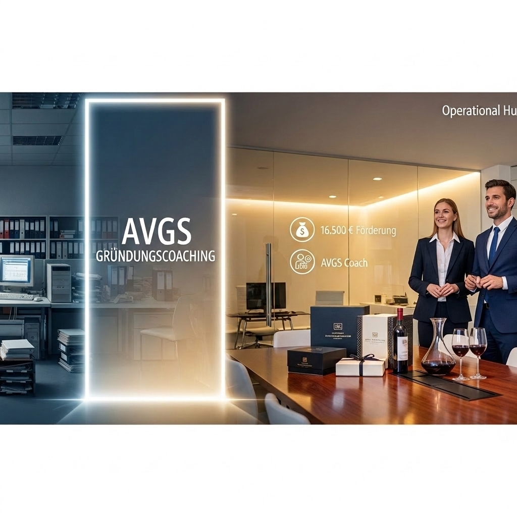 Visualisierung des strategischen Transfers für den B2B-Präsent-Service (High End) durch das AVGS-Gründungscoaching: Von bürokratischen Prozessen hin zur unternehmerischen Souveränität mit bis zu 16.500 € Förderung.