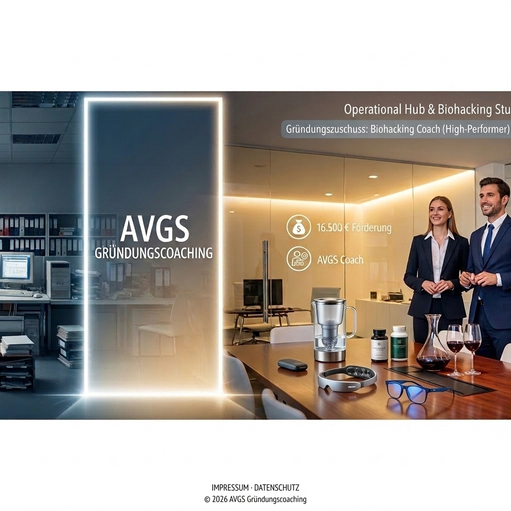 Visuelle Transformation aus einem veralteten, bürokratischen Prozess der Arbeitsvermittlung (links) durch das AVGS-Portal in ein modernes, kollaboratives Operational Hub & Biohacking Studio (rechts). Die Grafik zeigt den rissfreien Transfer von Expertise in die Souveränität, unterstützt durch ein 100% gefördertes AVGS-Coaching und den Gründungszuschuss von 16.500 Euro.