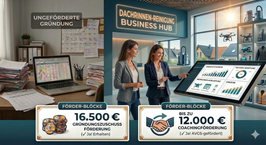 Visuelle Transformation einer Gründung im Bereich Dachrinnenreinigung: Links eine ungeförderte, administrative Überlastung mit Papierbergen im Schatten (Ist-Zustand). Rechts der rissfreie Transfer in einen sonnendurchfluteten Business Hub für Drohnen- und Saugsystem-Dienstleistungen mit digitalem Dashboard für Einsatz-Statistik und Technik-Wartung (Soll-Zustand). Enthalten sind die monetären Hebel: 16.500 € Gründungszuschuss-Förderung und bis zu 12.000 € Coachingförderung via AVGS.