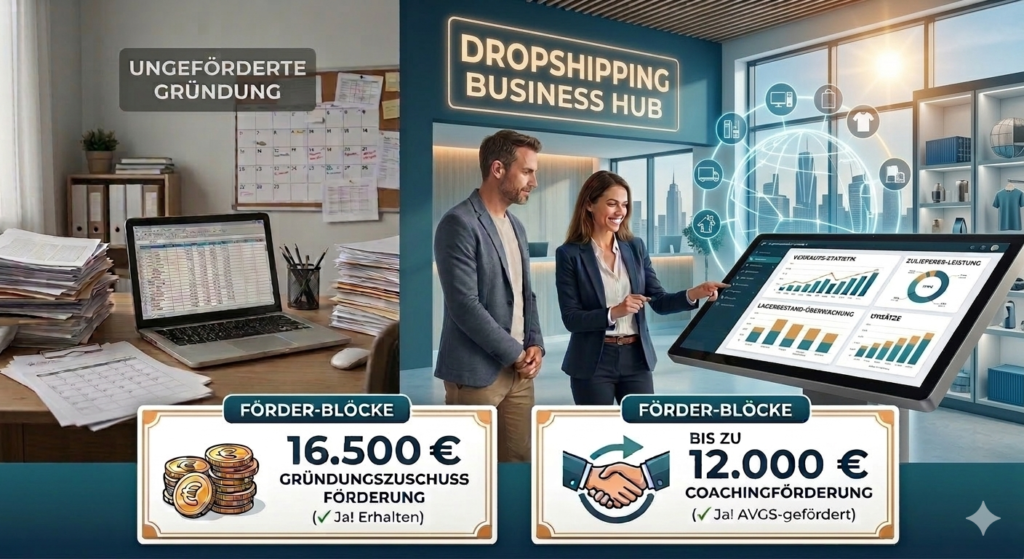 Visueller Vergleich einer Dropshipping-Gründung: Links eine ungeförderte, administrative Überlastung mit Papierbergen (Ist-Zustand). Rechts der rissfreie Transfer in einen modernen Dropshipping Business Hub mit digitalem Management-Dashboard für globale Lieferketten, Verkaufsstatistiken und Umsatzplanung (Soll-Zustand). Enthalten sind die monetären Hebel: 16.500 € Gründungszuschuss-Förderung und bis zu 12.000 € Coachingförderung via AVGS.