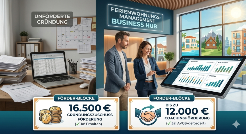 Visueller Vergleich für angehende Ferienwohnungs-Manager: Links eine chaotische, unförderte Gründung mit Aktenbergen (Vorher-Status). Rechts der rissfreie Transfer in einen modernen, AVGS-geförderten Business Hub mit digitalem Management-Dashboard (Nachher-Status). Enthalten sind die monetären Hebel: 16.500 € Gründungszuschuss-Förderung und bis zu 12.000 € Coachingförderung via AVGS.