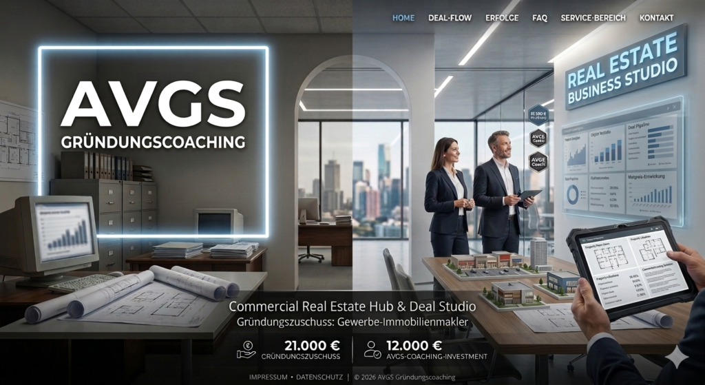 Visueller Transfer für angehende Gewerbe-Immobilienmakler: Von der veralteten Büro-Administration (links) in ein hochmodernes Real Estate Business Studio (rechts). Die Grafik zeigt ein Expertenteam bei der Analyse von Deal-Flows und Objekt-Portfolios vor einer urbanen Skyline. Enthalten sind die finanziellen Hebel für den Gründungszuschuss: 21.000 € Liquidität und 12.000 € AVGS-Coaching-Investment.