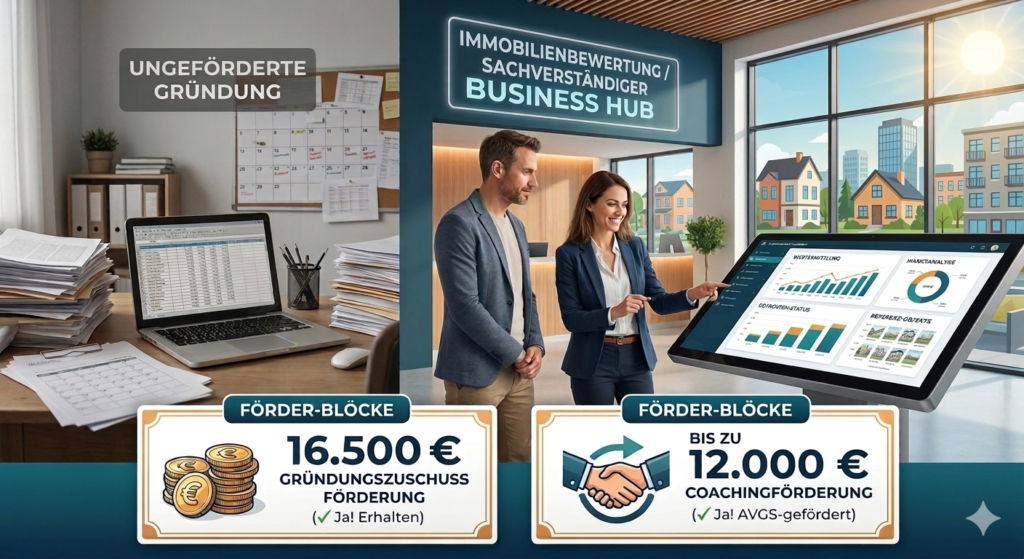 Visueller Vergleich für angehende Immobiliensachverständige: Links eine mühsame, unförderte Gründung mit Papierstapeln und manuellem Aufwand (Ist-Zustand). Rechts der rissfreie Transfer in einen modernen Business Hub für Immobilienbewertung mit digitalem Analyse-Dashboard für Gutachten und Marktwerte (Soll-Zustand). Sichtbar sind die monetären Hebel: 16.500 € Gründungszuschuss-Förderung und bis zu 12.000 € Coachingförderung via AVGS.