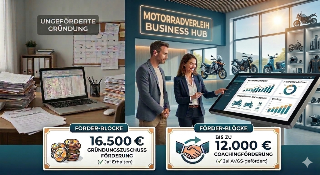 Visueller Vergleich für eine Motorradverleih-Gründung: Links eine ungeförderte, administrative Überlastung mit Papierbergen (Ist-Zustand). Rechts der rissfreie Transfer in einen modernen Motorradverleih Business Hub mit digitalem Dashboard zur Überwachung der Flottenauslastung, Verkaufsstatistiken und Fuhrpark-Management (Soll-Zustand). Enthalten sind die monetären Hebel: 16.500 € Gründungszuschuss-Förderung und bis zu 12.000 € Coachingförderung via AVGS.