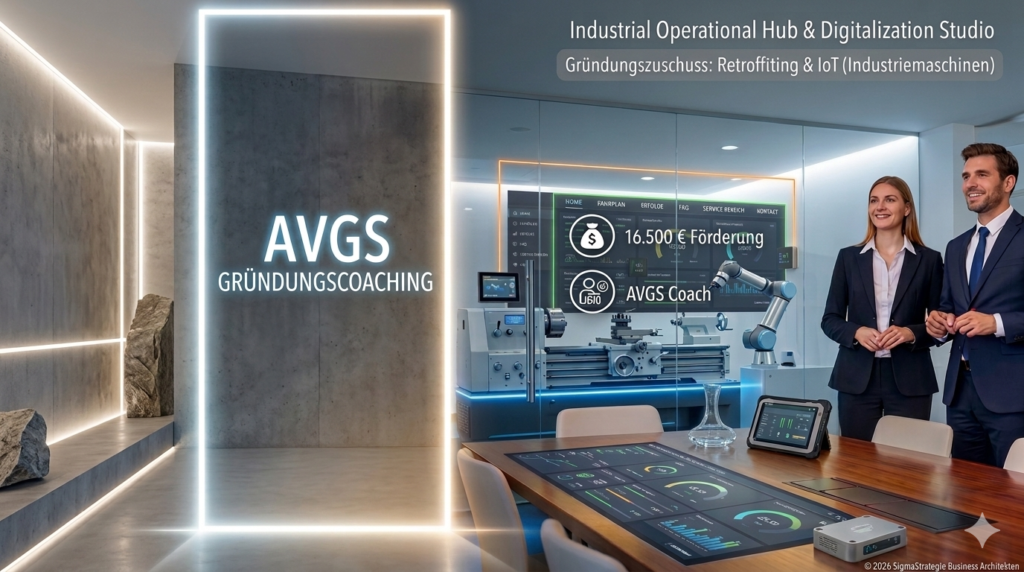 Visuelle Transformation eines traditionellen, grauen Fabrikgebäudes (links) durch das AVGS-Portal in ein modernes, kollaboratives Industrial Operational Hub & Digitalization Studio (rechts). Die Grafik zeigt den rissfreien Transfer von Retrofitting-Expertise in die Souveränität, unterstützt durch ein 100% gefördertes AVGS-Coaching und den Gründungszuschuss von 16.500 Euro plus.