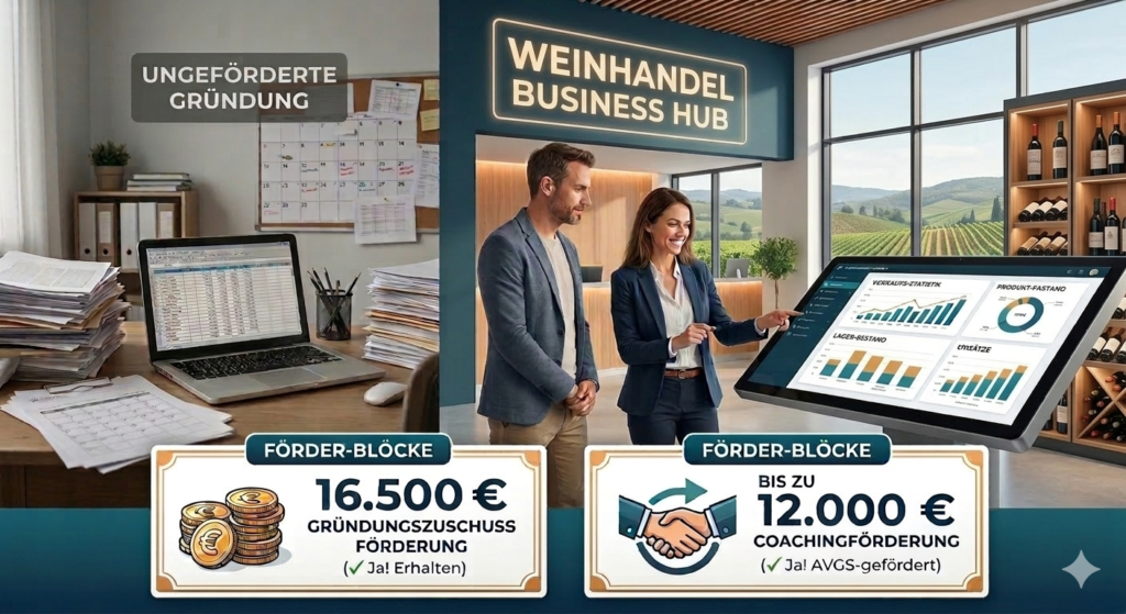 Visuelle Metamorphose einer Weinhandel-Gründung: Links eine ungeförderte, administrative Überlastung mit Aktenbergen (Ist-Zustand). Rechts der rissfreie Transfer in einen modernen Weinhandel Business Hub mit digitalem Dashboard für Lagerbestand, Verkaufsstatistiken und Umsatzplanung vor einer Weinberg-Kulisse (Soll-Zustand). Enthalten sind die monetären Hebel: 16.500 € Gründungszuschuss-Förderung und bis zu 12.000 € Coachingförderung via AVGS.