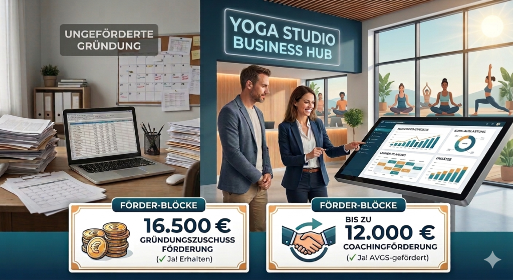 Gegenüberstellung einer Yoga-Studio-Gründung: Links eine ungeförderte, belastende Administration mit Papierbergen (Ist-Zustand). Rechts der rissfreie Transfer in einen modernen Yoga Studio Business Hub mit digitalem Management-Dashboard für Kursauslastung und Mitglieder-Statistik (Soll-Zustand). Enthalten sind die monetären Hebel: 16.500 € Gründungszuschuss-Förderung und bis zu 12.000 € Coachingförderung via AVGS.