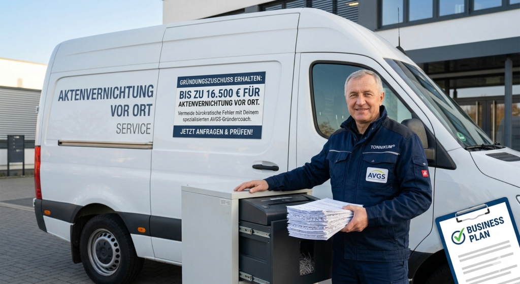 Ein Gründer mit einem mobilen Service für Aktenvernichtung vor Ort an seinem Einsatzfahrzeug. Das Bild enthält Details zum Gründungszuschuss von bis zu 16.500 Euro und verweist auf das spezialisierte AVGS-Gründercoaching von TONNIKUM®, um bürokratische Fehler bei der Beantragung sicher zu vermeiden.