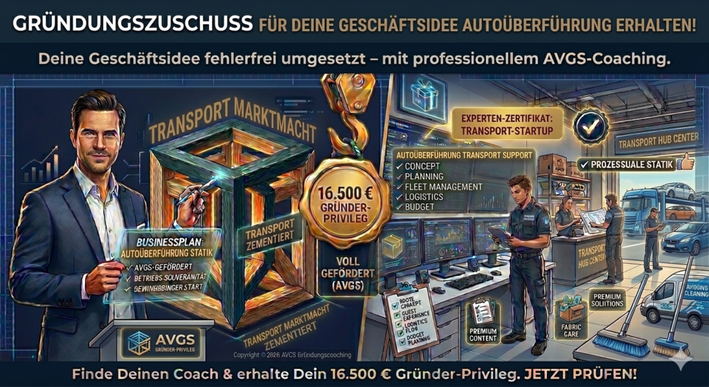 Infografik für Gründer im Bereich Autoüberführung zur Beantragung des Gründungszuschusses. Ein AVGS-Coach präsentiert das 16.500 Euro Gründer-Privileg vor einem Transport-Hub für Flottenmanagement und Fahrzeuglogistik sowie der stabilen TONNIKUM® Unternehmens-Statik.