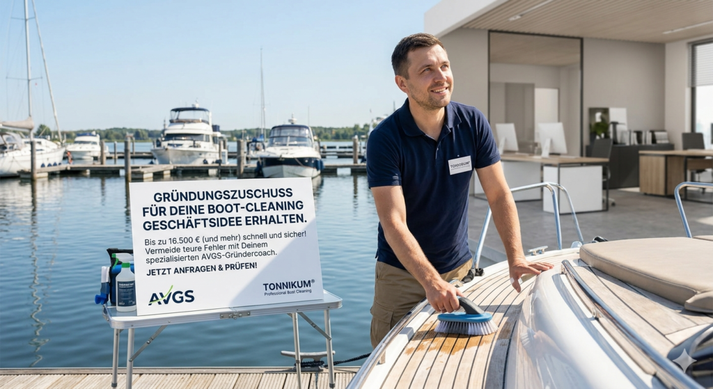 Ein professioneller Gründer bei der Bootsreinigung (Boot-Cleaning) in einer Marina. Das Bild enthält Informationen zum Gründungszuschuss von bis zu 16.500 Euro und verweist auf das spezialisierte AVGS-Gründercoaching von TONNIKUM®, um Fehler im Beantragungsprozess bei der Agentur für Arbeit zu vermeiden.
