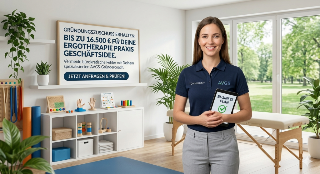 Eine Gründerin freut sich über ihren erfolgreichen Start einer Ergotherapie-Praxis, visualisiert durch eine Therapiesitzung in einem hellen Zimmer. Der Gründungszuschuss ermöglicht dieses Wachstum.