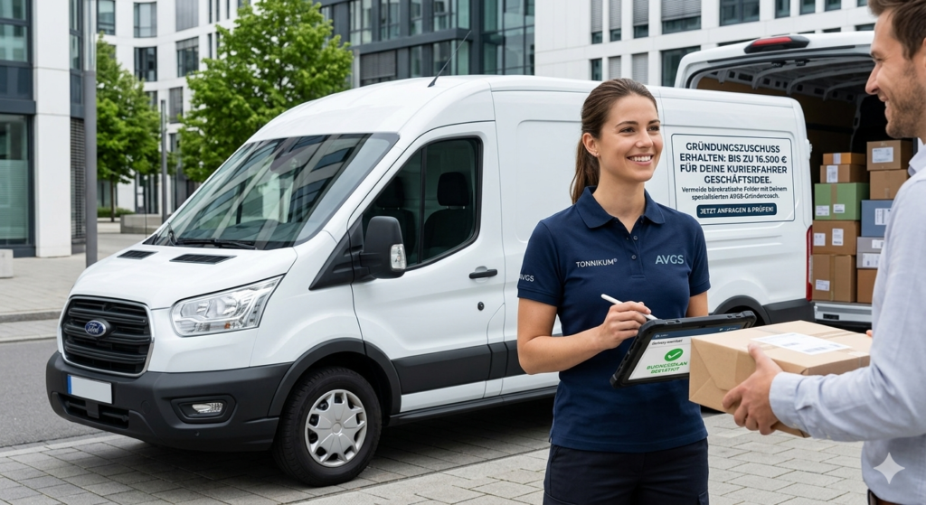 Eine Gründerin freut sich über ihren erfolgreichen Start eines Kurierdienstes, visualisiert durch eine erfolgreiche Paketzustellung. Der Gründungszuschuss ermöglicht dieses Wachstum