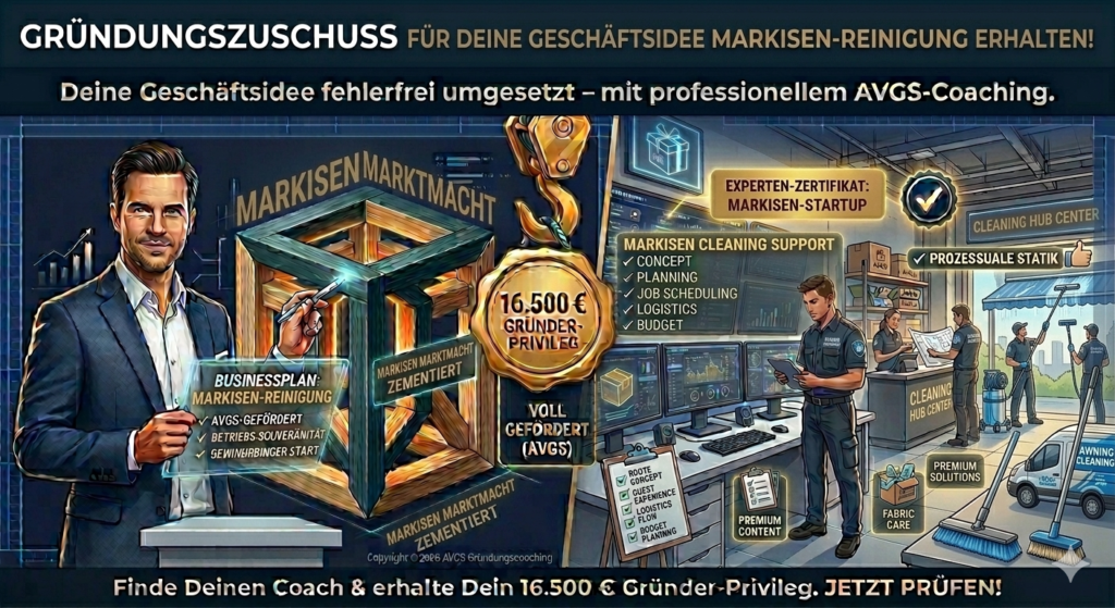 Infografik für Gründer einer Markisen-Reinigung zur Beantragung des Gründungszuschusses. Ein AVGS-Coach präsentiert das 16.500 Euro Gründer-Privileg vor einem Logistik-Hub für Reinigungsdienste und der stabilen TONNIKUM® Unternehmens-Statik.