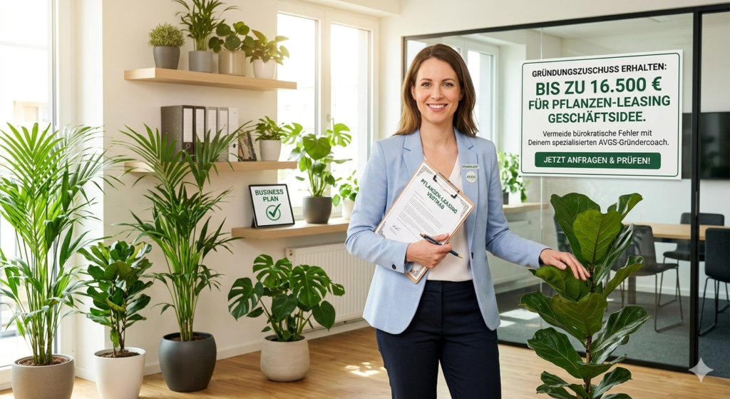 Eine professionelle Gründerin präsentiert ein Pflanzen-Leasing-Konzept in einem modernen Büro. Das Bild enthält Details zum Gründungszuschuss von bis zu 16.500 Euro und verweist auf das spezialisierte AVGS-Gründercoaching von TONNIKUM®, um bürokratische Fehler bei der Beantragung sicher zu vermeiden.