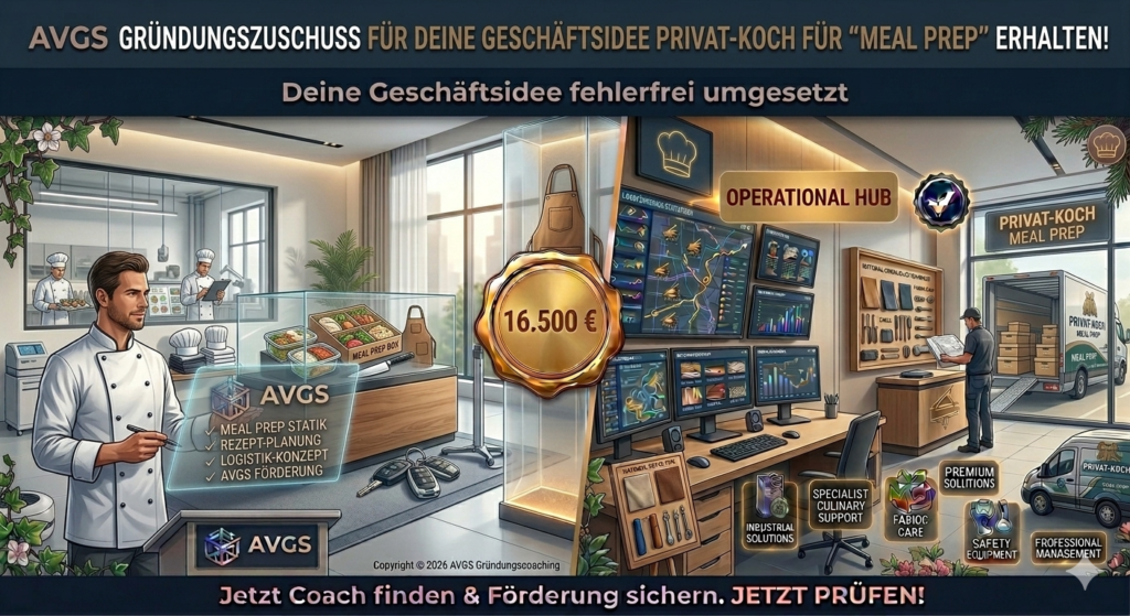 AVGS Gründercoaching für Privat-Köche im Bereich Meal Prep – Strategische Planung der Logistik und Rezept-Statik im Operational Hub für eine erfolgreiche Gründung mit 16.500 Euro Zuschuss.