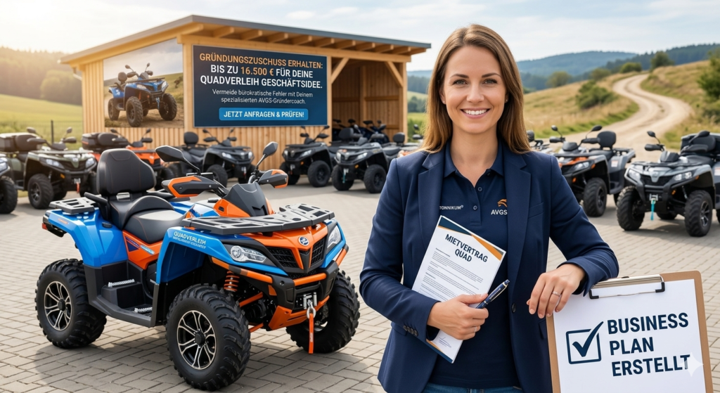 Eine Gründerin freut sich über ihren erfolgreichen Quadverleih, visualisiert durch ein Quad in einer Berglandschaft. Der Gründungszuschuss ermöglicht dieses Wachstum.