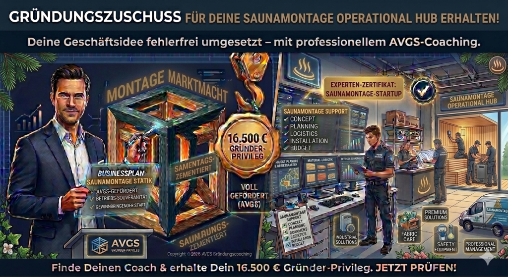 Infografik für Gründer im Bereich Saunamontage zur Beantragung des Gründungszuschusses. Ein AVGS-Coach präsentiert das 16.500 Euro Gründer-Privileg vor einem Montage-Hub für Wellness-Anlagen und der stabilen TONNIKUM® Unternehmens-Statik.