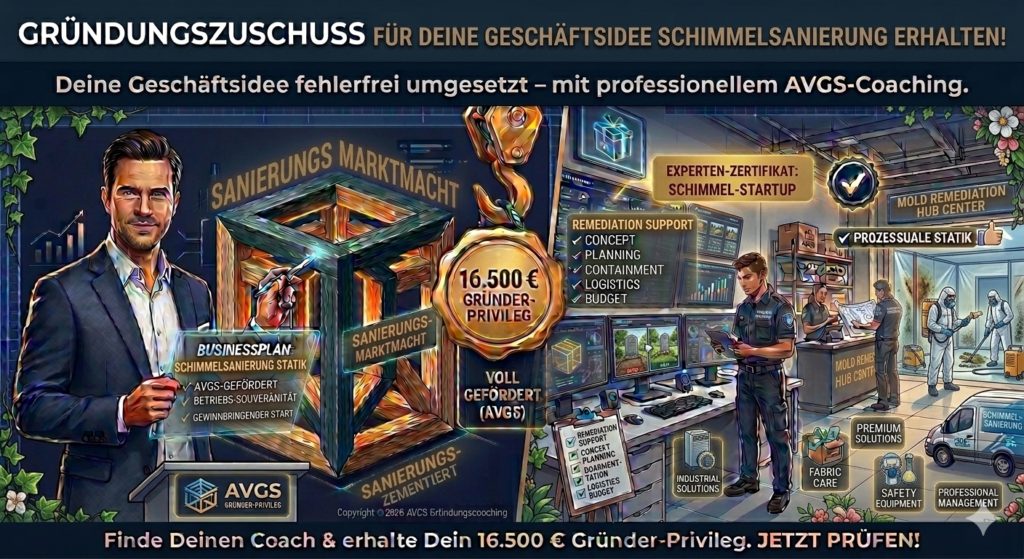 Infografik für Gründer im Bereich Schimmelsanierung zur Beantragung des Gründungszuschusses. Ein AVGS-Coach präsentiert das 16.500 Euro Gründer-Privileg vor einem Analyse-Hub für Schadstoffsanierung und der stabilen TONNIKUM® Unternehmens-Statik.