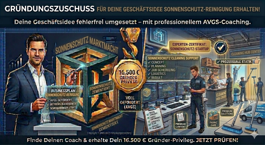 Infografik für Gründer einer Sonnenschutz-Reinigung zur Beantragung des Gründungszuschusses. Ein AVGS-Coach präsentiert das 16.500 Euro Gründer-Privileg vor einem Logistik-Hub für spezialisierte Reinigungsdienste und der stabilen TONNIKUM® Unternehmens-Statik.