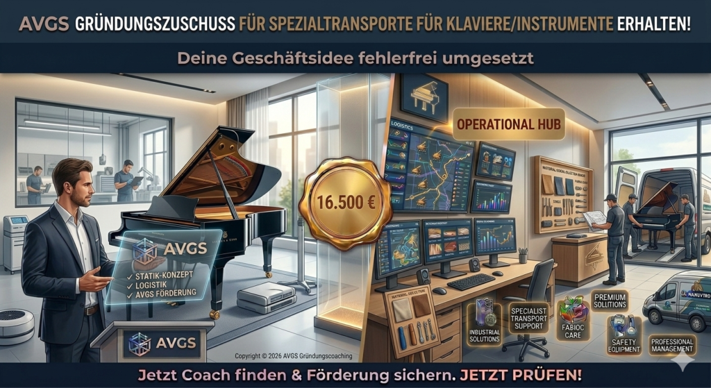 AVGS Gründercoaching für Spezialtransporte von Klavieren und Instrumenten – Darstellung eines strategischen Operational Hubs mit Businessplan-Statik und 16.500 Euro Förder-Privileg.