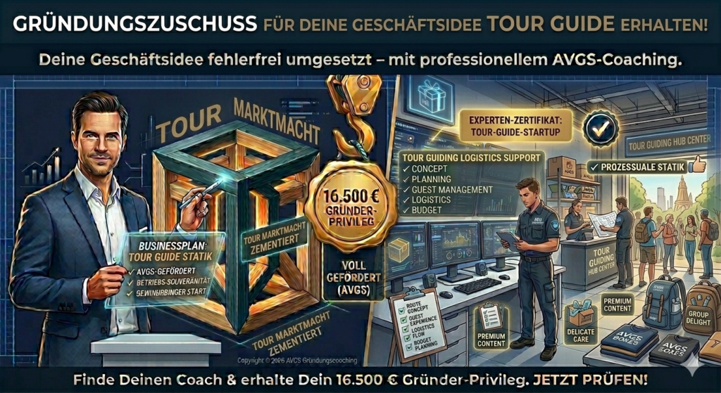 Infografik für angehende Tour Guides und Reiseleiter zur Beantragung des Gründungszuschusses. Ein AVGS-Coach präsentiert das 16.500 Euro Gründer-Privileg vor einem modernen Planungs-Hub für Routen-Konzeption und Gäste-Management sowie der stabilen TONNIKUM® Unternehmens-Statik.