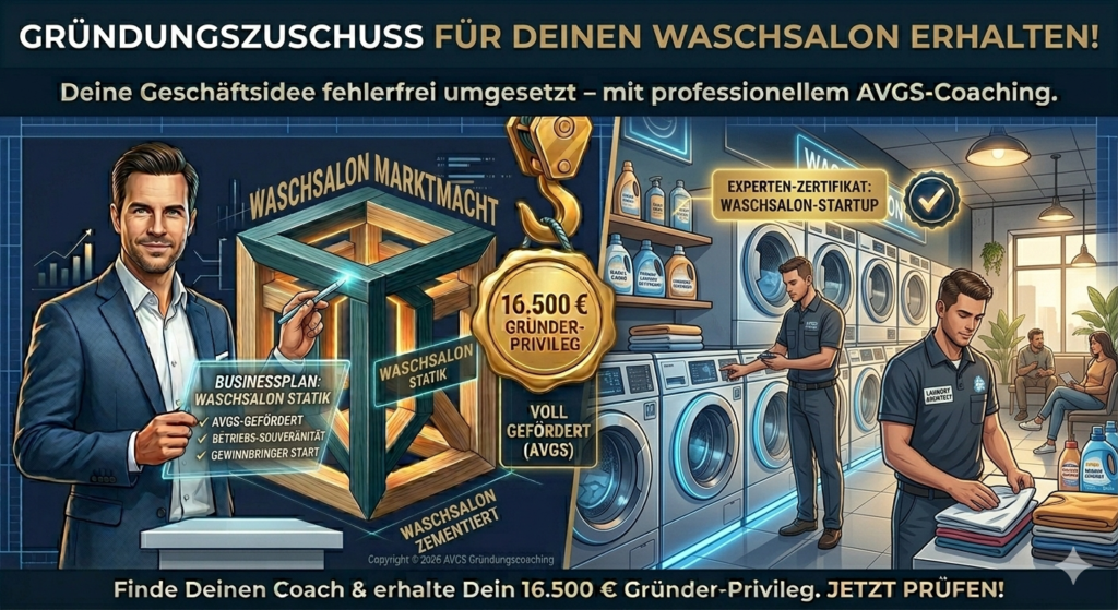 Infografik für angehende Betreiber eines Waschsalons zur Beantragung des Gründungszuschusses. Ein AVGS-Coach präsentiert das 16.500 Euro Gründer-Privileg vor einem modernen Waschsalon-Szenario und der stabilen TONNIKUM® Unternehmens-Statik.