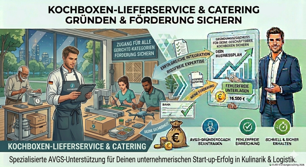 Infografik zur Existenzgründung mit einem Kochboxen-Lieferservice. Links wird eine moderne Großküche mit automatisierten Packing-Systemen und professionellem kulinarischem Management visualisiert. Rechts zeigt ein AVGS-Gründercoach über das TONNIKUM® System den Weg zur Förderung von bis zu 16.500 €