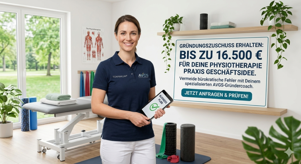 Eine professionelle Physiotherapeutin in ihrer modern ausgestatteten Praxis. Das Bild zeigt Details zum Gründungszuschuss von bis zu 16.500 Euro und betont die Vermeidung bürokratischer Fehler durch das spezialisierte AVGS-Gründercoaching von TONNIKUM®.