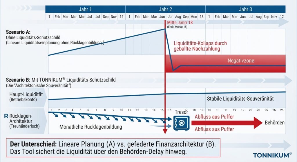Vergleichsdiagramm zum Liquiditäts-Schutzschild: Lineare Planung ohne Rücklagen versus architektonische Pufferbildung über drei Jahre zur Vermeidung von Behörden-Nachzahlungen.